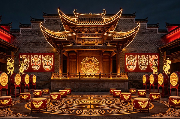 抚州傩文化村景区灯光亮化，以傩戏文化提升景区夜间吸引力